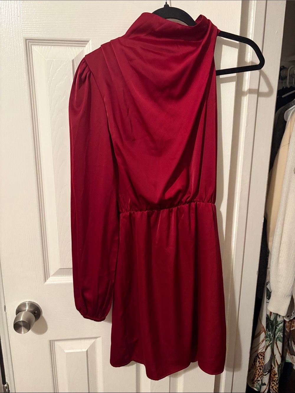 One-Shoulder Red Satin Mini Dress with Long Sleeve